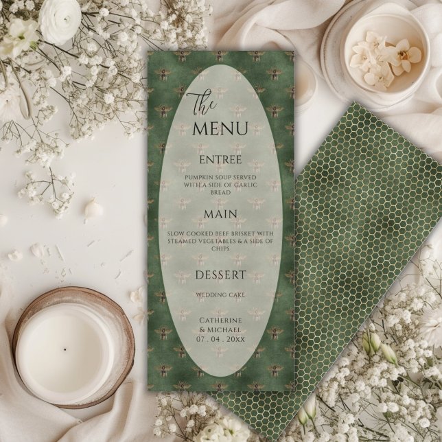 Menu Mariage élégant abeille bourdonnante verte (Créateur téléchargé)