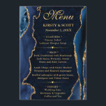 Menu Mariage élégant agate fausse pailletée bleue et or<br><div class="desc">Un design saisissant présentant des textures d'agate bleu marine profond accentuées de paillettes dorées scintillantes pour une finition glamour et moderne. Une élégante écriture cursive se marie à une typographie serif audacieuse pour créer une esthétique raffinée et haut de gamme. Les tons bleus riches évoquent la sophistication et une élégance...</div>