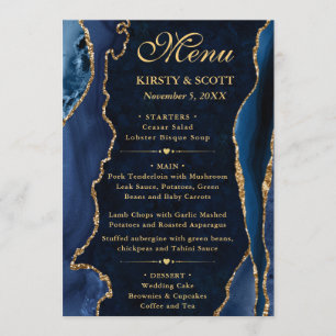 Menu Mariage élégant agate fausse pailletée bleue et or