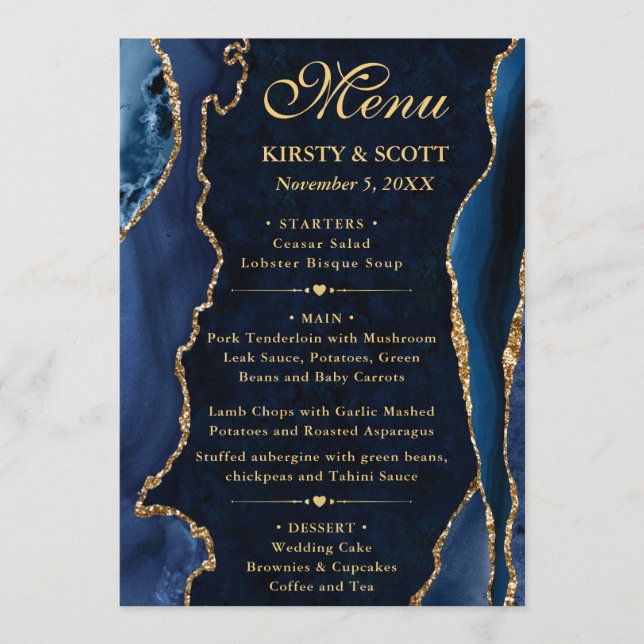 Menu Mariage élégant agate fausse pailletée bleue et or (Devant)