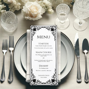 Menu Mariage Élégant Antique Noir et Blanc de Style Rét