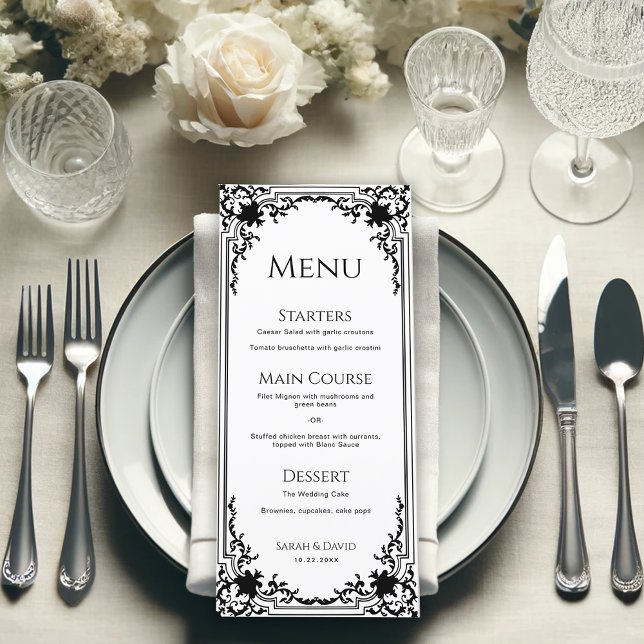 Menu Mariage Élégant Antique Noir et Blanc de Style Rét (Créateur téléchargé)