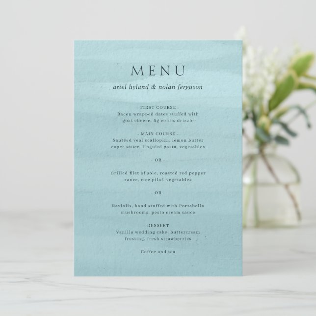 Menu Mariage élégant aquarelle bleue moderne (Debout devant)