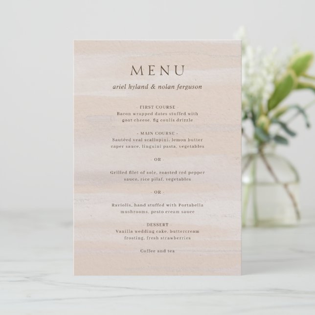 Menu Mariage Élégant Aquarelle Neutre Moderne (Debout devant)