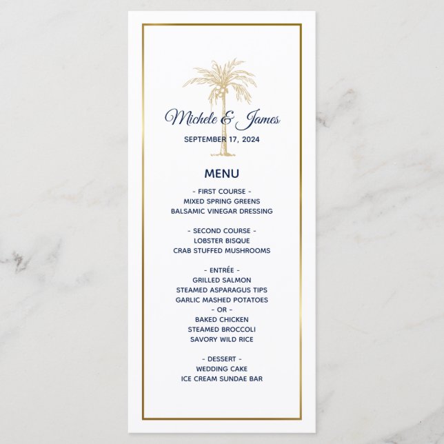 Menu Mariage Élégant Arbre à Palmes Or Blanc Navy Moder (Devant)
