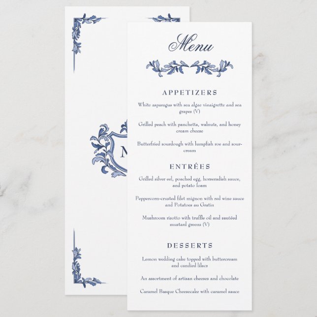 Menu Mariage Élégant au Blason Vintage Bleu Monogramme (Devant / Derrière)