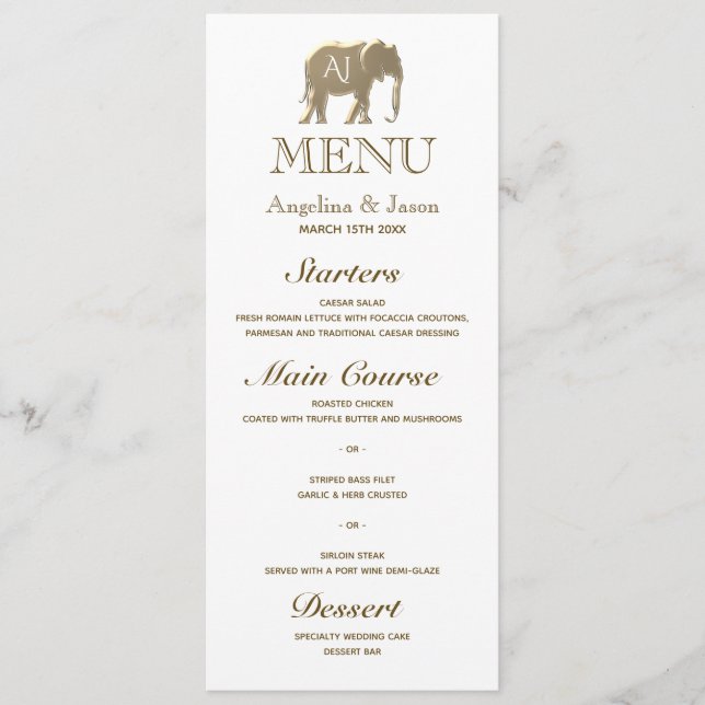 Menu Mariage élégant au monogramme doré (Devant)