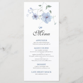 Menu Mariage Élégant aux Fleurs Aquarelles Bleu Poussié