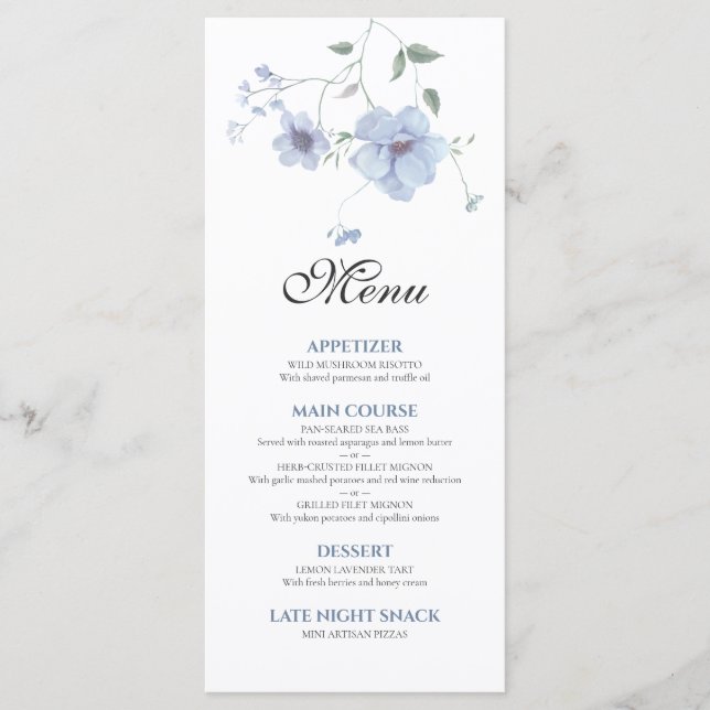 Menu Mariage Élégant aux Fleurs Aquarelles Bleu Poussié (Devant)