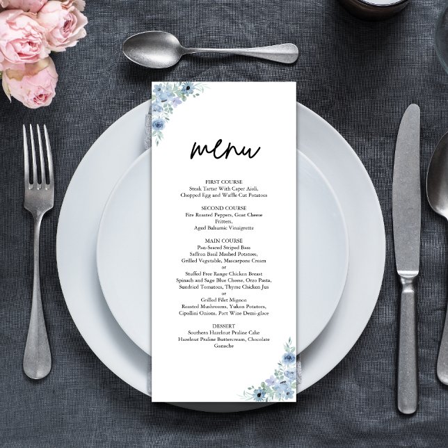 Menu Mariage Élégant aux Fleurs Bleu Poussiéreux (Elegant dusty blue floral wedding menu showcases your dishes with refined style and charm)