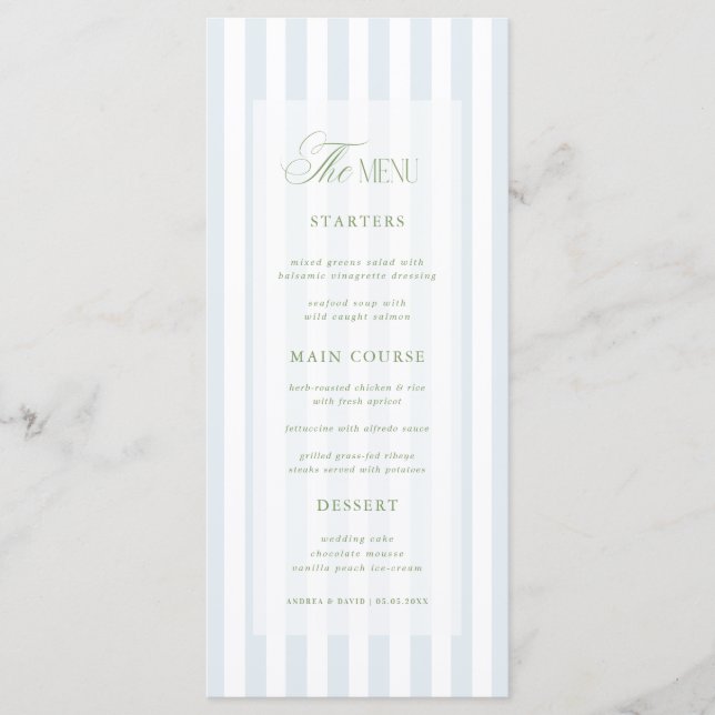 Menu Mariage Élégant aux Rayures Bleu Côtiers et Vert S (Devant)