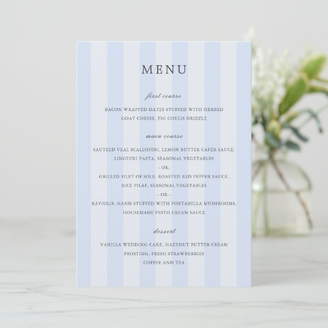 Menu Mariage élégant aux rayures bleues modernes (Debout devant)