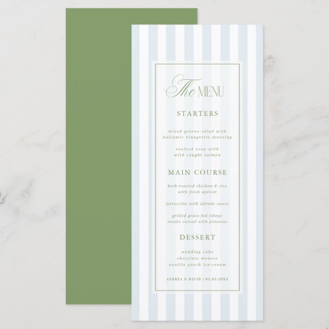 Menu Mariage Élégant aux Rayures Vert Sauge et Bleu Côt (Devant / Derrière)
