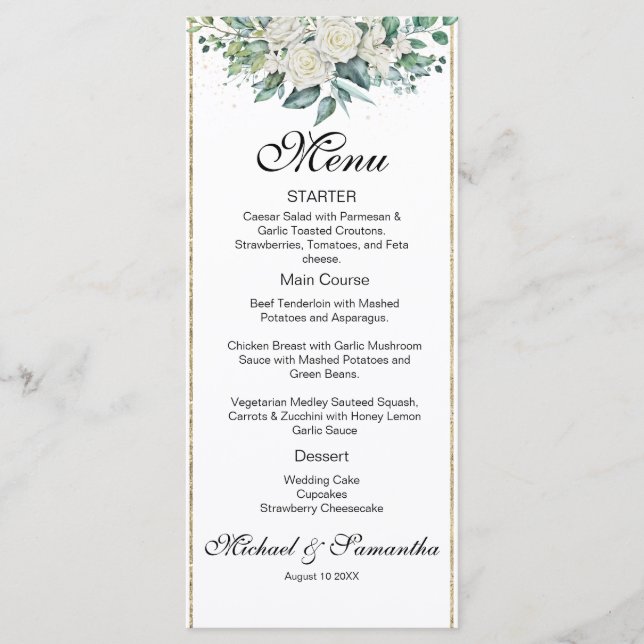 Menu Mariage Élégant aux Roses et Lys Blancs (Devant)