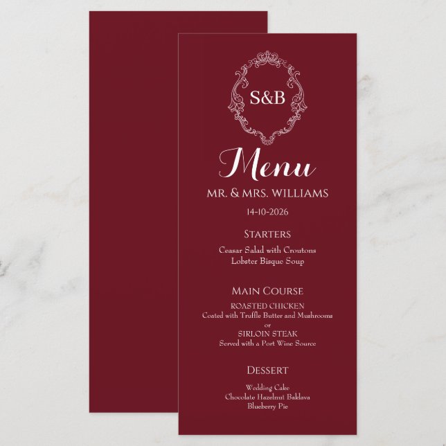 Menu Mariage Élégant avec Monogramme en Bourgogne (Devant / Derrière)