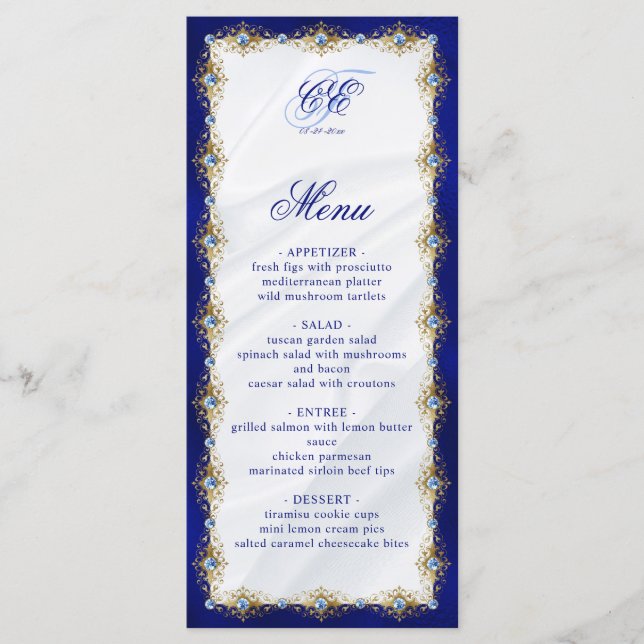 Menu Mariage élégant avec monogramme floral bleu royal (Devant)