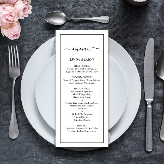 Menu Mariage Élégant avec un Classique Script en Noir e (Elegant black and white script menu adds timeless style while guiding guests at weddings.)
