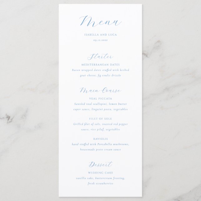 Menu Mariage élégant bleu et blanc de style côtier chic (Devant)