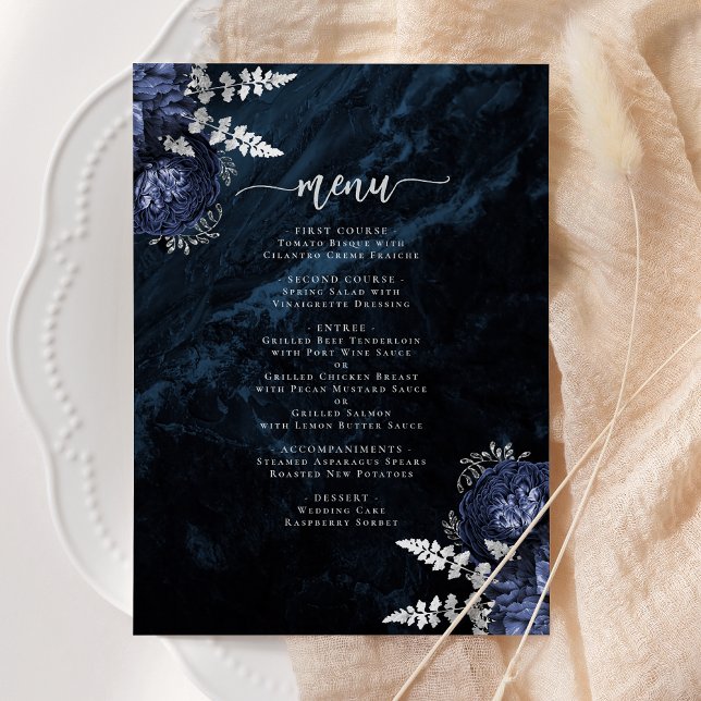 Menu Mariage élégant bleu marine argent floral (Créateur téléchargé)