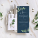 Menu Mariage élégant bleu marine moderne eucalyptus<br><div class="desc">Magnifique délicate feuillage d'eucalyptus mariage à la carte design. Moderne élégant sur tendance sauge vert,  noir,  bleu marine et blanc élégant collection contemporaine rustique. Idéal pour les mariages de printemps,  d'été,  d'automne ou d'hiver.</div>