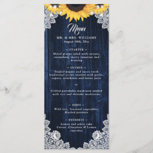 Menu Mariage Élégant Bleu Nuit Bois Tournesol Dentelle