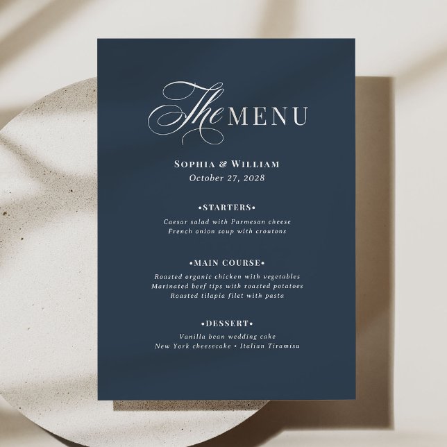 Menu Mariage Élégant Bleu Nuit | Luxe Classique (Créateur téléchargé)