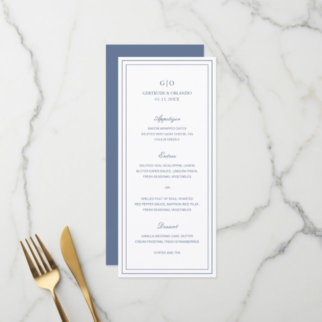 Menu Mariage Élégant Bleu Poussiéreux Classique (Devant/Arrière en situation)