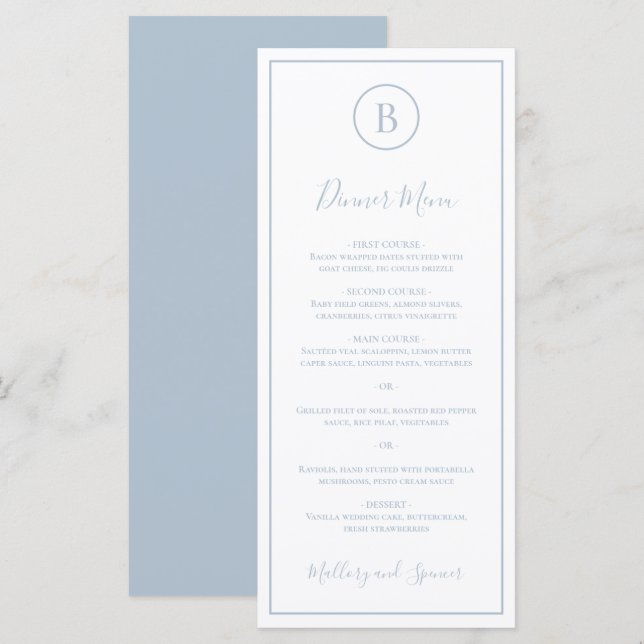 Menu Mariage Élégant Bleu Poussiéreux Traditionnel (Devant / Derrière)