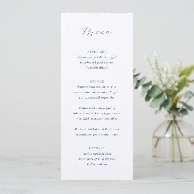 Menu Mariage Élégant Bleu Royal Traditionnel (Debout devant)