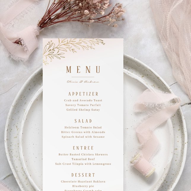 Menu Mariage élégant, botanique et doré (Blush and gold gilded botanical elegant wedding menu)