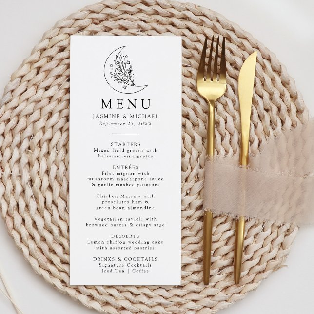 Menu Mariage Élégant Botanique Lune et Étoiles (Créateur téléchargé)