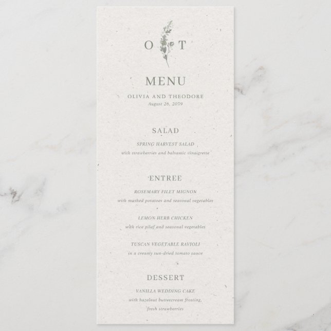 Menu Mariage élégant botanique vert sauge moderne (Devant)