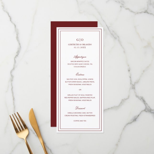 Menu Mariage Élégant Bourgogne Classique (Devant/Arrière en situation)