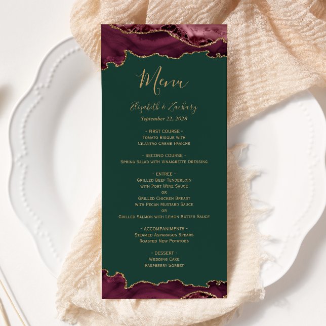 Menu Mariage élégant Bourgogne Or Agate Vert (Créateur téléchargé)