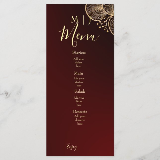 Menu Mariage Élégant Bourguignon et Floral Doré (Devant)
