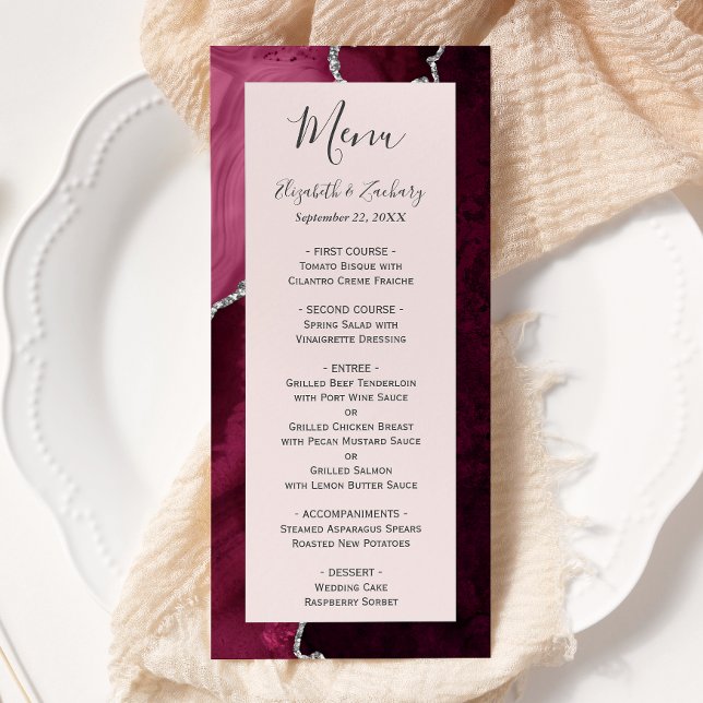 Menu Mariage élégant Burgundy Argent Agate Rose tendre (Créateur téléchargé)