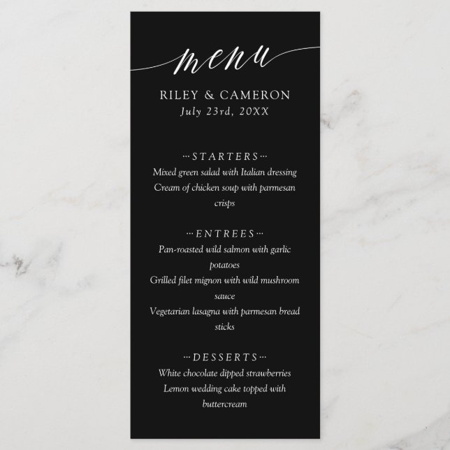 Menu Mariage élégant calligraphie délicate noir (Devant)