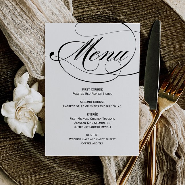 Menu Mariage Élégant Calligraphié Noir et Blanc (Créateur téléchargé)