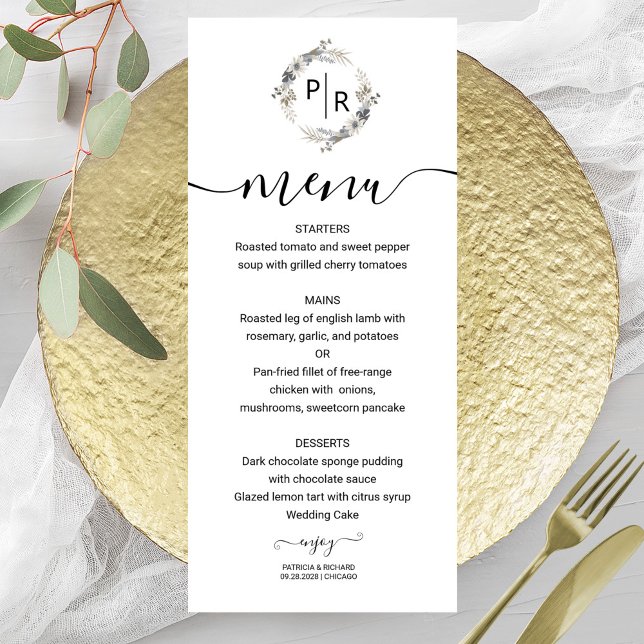 Menu Mariage élégant Carte Monogramme Floral (Créateur téléchargé)