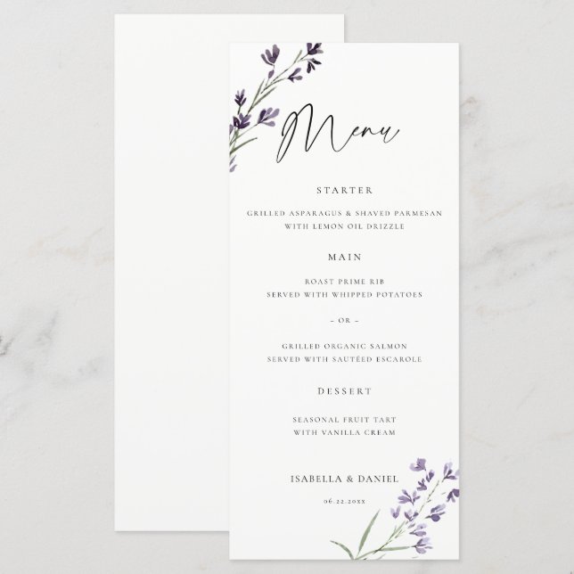 Menu Mariage Élégant Chic à l'Aquarelle Lavande (Devant / Derrière)