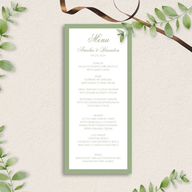 Menu Mariage Élégant Classique avec Bordure Verte Sauge (Créateur téléchargé)