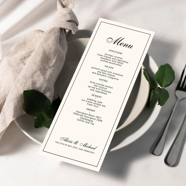 Menu Mariage élégant classique ivoire crème noir (Créateur téléchargé)