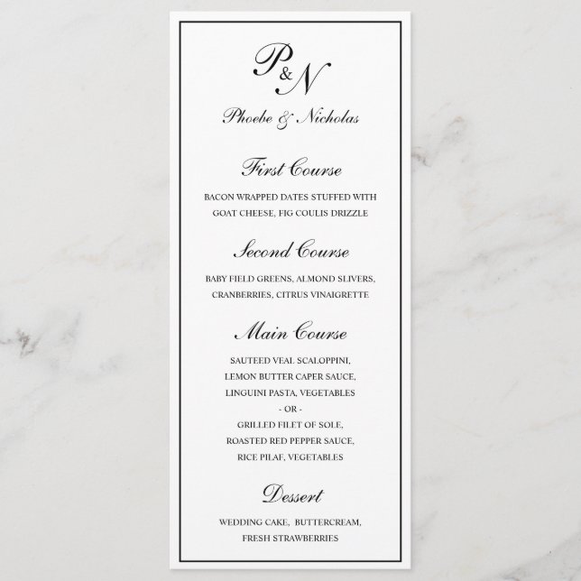 Menu Mariage Élégant Classique Noir et Blanc (Devant)