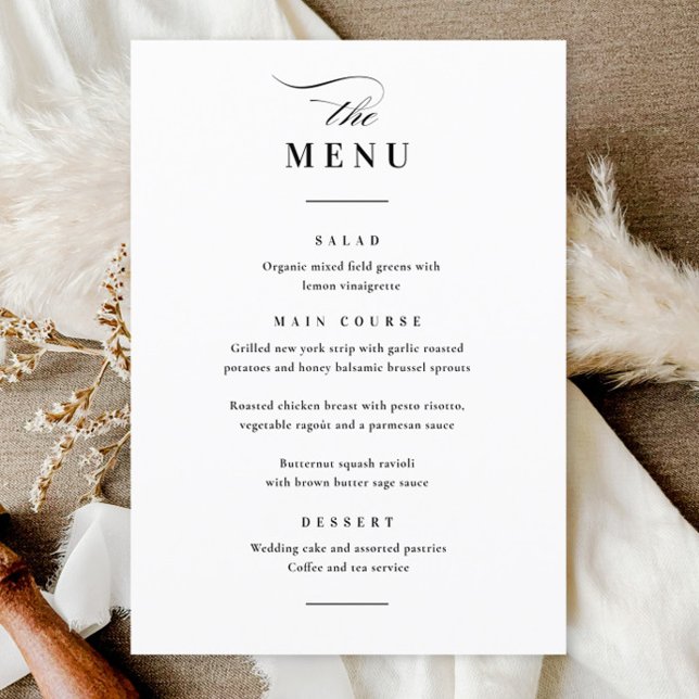 Menu Mariage Élégant Classique Noir et Blanc (Elegant simple black and white wedding menu.)