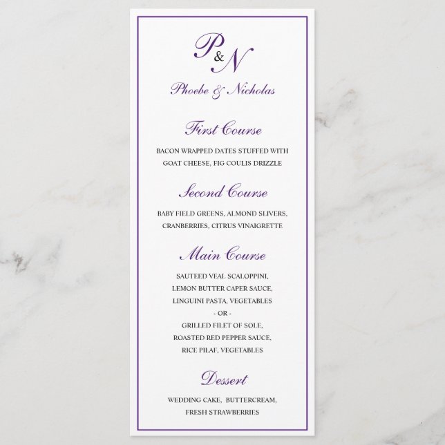 Menu Mariage Élégant Classique Royal Pourpre (Devant)