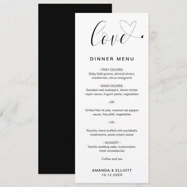 Menu Mariage Élégant Cœur Amour (Devant / Derrière)