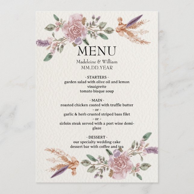 Menu Mariage élégant de Boho rustique moderne (Devant)