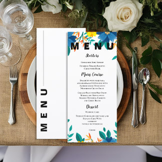 Menu Mariage Élégant de Jardin Floral Bleu et Jaune
