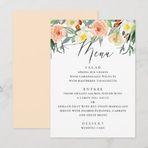 Menu Mariage élégant de jardin floral pêche à l'aquarel