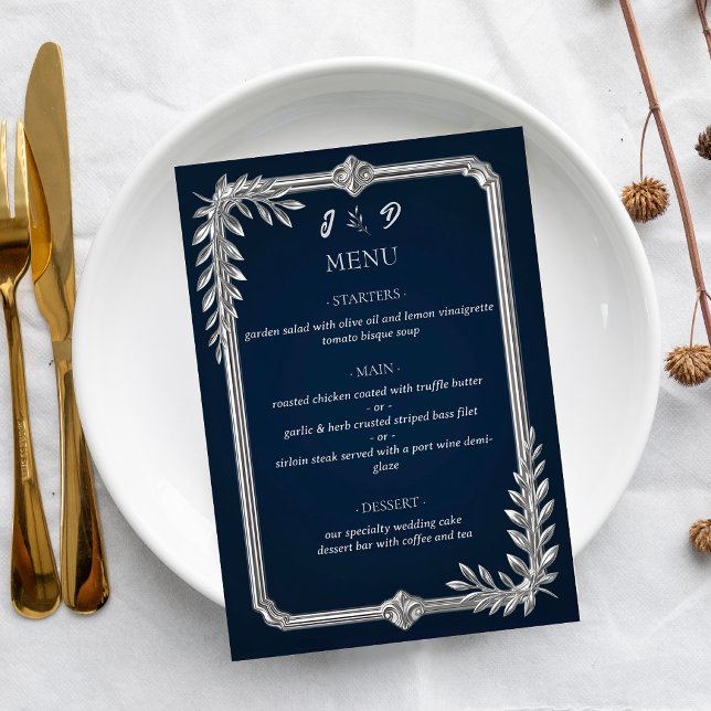 Menu Mariage Élégant de Luxe Bleu Nuit et Argent (Créateur téléchargé)